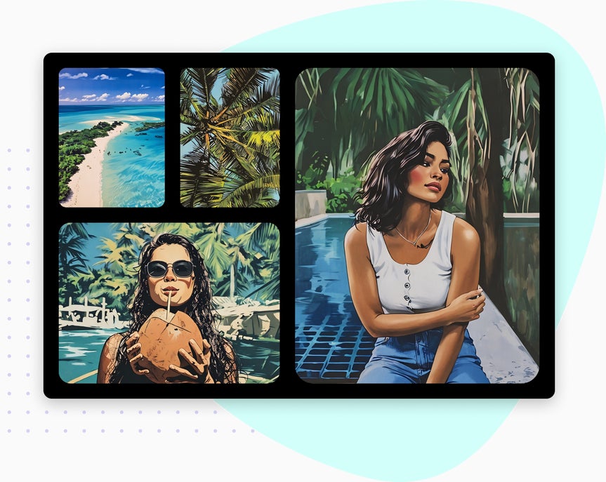 Collage showcasing BeFunky's graphic novel sketch effects, featuring four panels: a tropical beach, palm tree leaves, a woman sipping from a coconut, and a woman sitting by a pool, styled to resemble a comic strip using the collage maker tool.